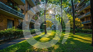 Green Oasis: Modern Residential Buildings in Milan, Italy Surrounded by Trees and Grass in Summer