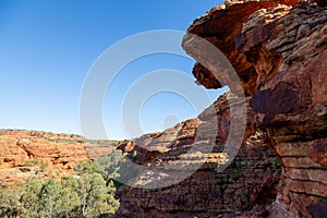 Green oasis and the red stone formations in the center of Kings Canyon in Red Center, Australia