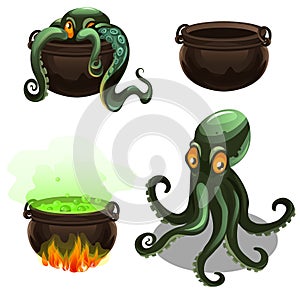 Green octopus and cauldron with magic potion isolated on white background. Vector cartoon close-up illustration.