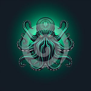 Green Octopus Logo: Technological Symmetry And Dark Cyan Illustrations