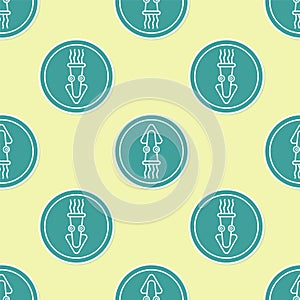 Green Octopus on a plate icon isolated seamless pattern on yellow background. Vector.