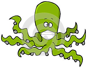 Green octopus wearing a face mask