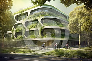 Green Office Building With Bicycle Lanes And Ample Bike Parking Facilities To Encourage Ecofriendly Commuting. Generative AI