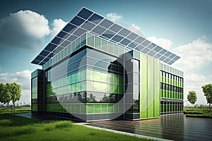 green office building with solar panels and energy efficient windows