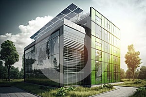 green office building with solar panels and energy efficient windows
