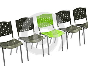 Green office chair among black ones