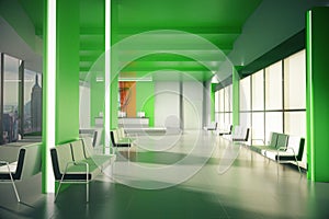 Green office lobby with NY view