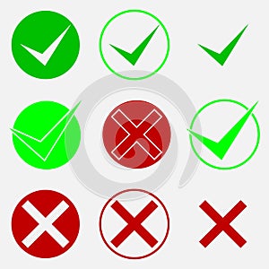 Green OK check mark and red X icons isolated on white. YES and NO symbols. Buttons for voting, decision, web. Vector