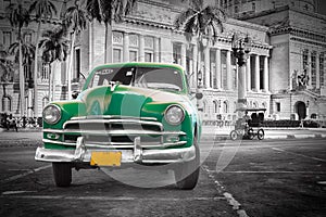 Green old car at Capitol, Havanna Cuba