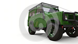 Green old small SUV tuned for difficult routes and expeditions. 3d rendering