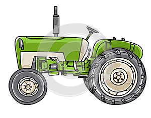 Green old Tractor Vintage hand drawn cute vector line art illus