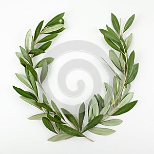 Green olive wreath on white background. Top view