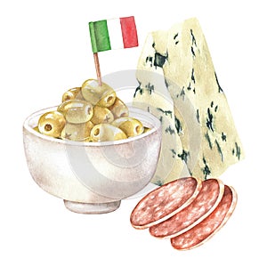 Green olives, blue cheese, salami. Watercolor illustration.Clip art tasteless italy food. Hand-drawn Isolated on a white