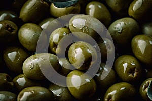 Green olives close-up. AI Generated