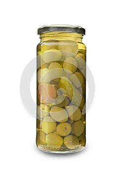 Green olives in a glass jar with assorted vegetable gherkins, carrots and onions. Isolated on white background. Element for design