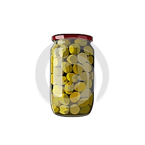 Green olives jar. Canned marinated olive. Vector graphic illustration