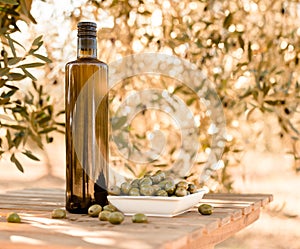 Green olives and oil on table in olive grove