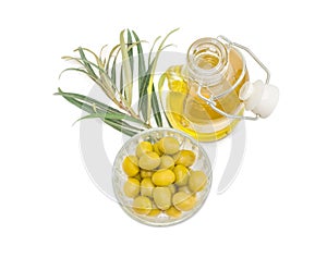 Green olives, olive oil and olive branch