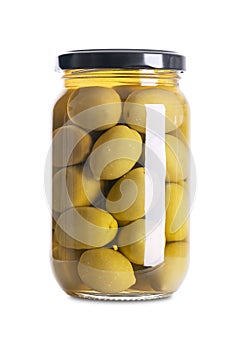 Green olives with pit, pickled whole, large Greek table olives, in glass jar