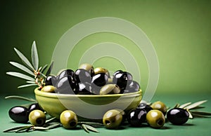 Green olives in a plate on a green background. Black and green olives. Fresh olive salad on a green background.