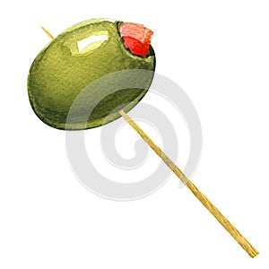 Green olives stuffed with pepper on toothpick photo