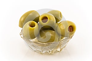 Green Olives Stuffed with Peppers, Isolated on White