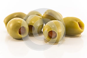 Green Olives Stuffed with Peppers, Isolated on White