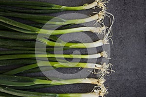 Green onion on dark grey table flat lay