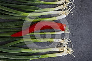 Green onion and red pepper on dark grey table flat lay