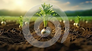 Green onion seedling growing in soil, agriculture concept