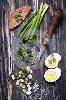 Green onions, bread and boiled egg.