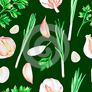 Garlic, cilantro and green onions.Watercolor illustration.Isolated on a green background.For design.