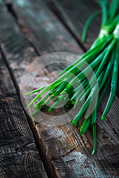 green onions on the table on the background of nature