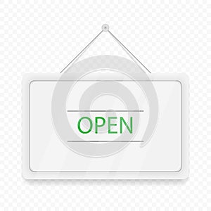 Green Open hanging door sign. White signboard with shadow isolated on transparent background. Realistic vector illustration.