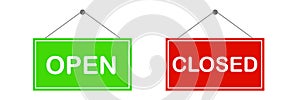 Green Open and red Closed sign set, illustration. in white