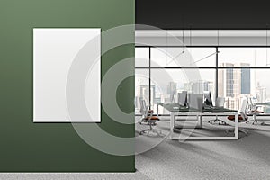 Green open space office interior with poster