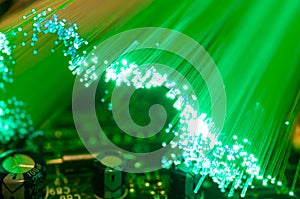 Green optical fibres on computer circuit board