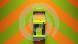 Green Orange Arcade Machine with Green an Orange Chevron Pattern Background
