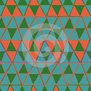 Green, orange and blue triangles seamless pattern background design.