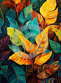 Green orange and blue tropical plants and leaves design.