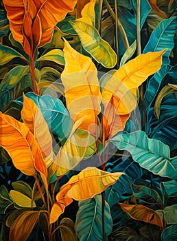 Green orange and blue tropical plants and leaves design.