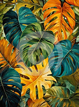 Green orange and blue tropical plants and leaves design.