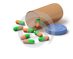 Green and orange capsules on white background