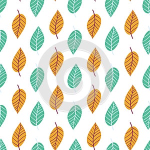 Green and orange leaves on white seamless pattern vector