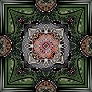 Green and orange mandala illustration with ornaments