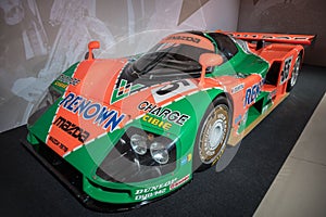 Green and orange Mazda 787B Renown, winner of Le Mans 1991 Japanese Wankel rotary engine