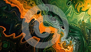 Green and orange psychedelic abstract wave art background by blending irregular neural structures with the flowing patterns