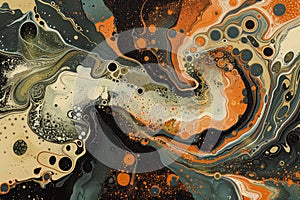 Green and orange psychedelic abstract wave art background by blending irregular neural structures with the flowing patterns