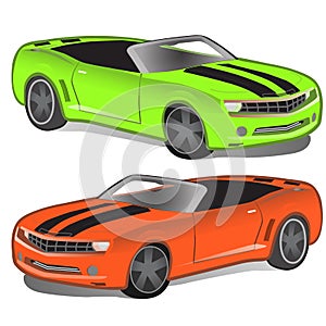 Green and orange sport car without top. Classic vintage sportcar. Two retro automobile isolated. Vector