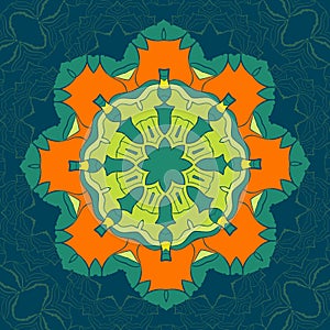Green and Orange Vector Mandala. Decor for your design, lace ornament, round pattern with lots of details. Oriental